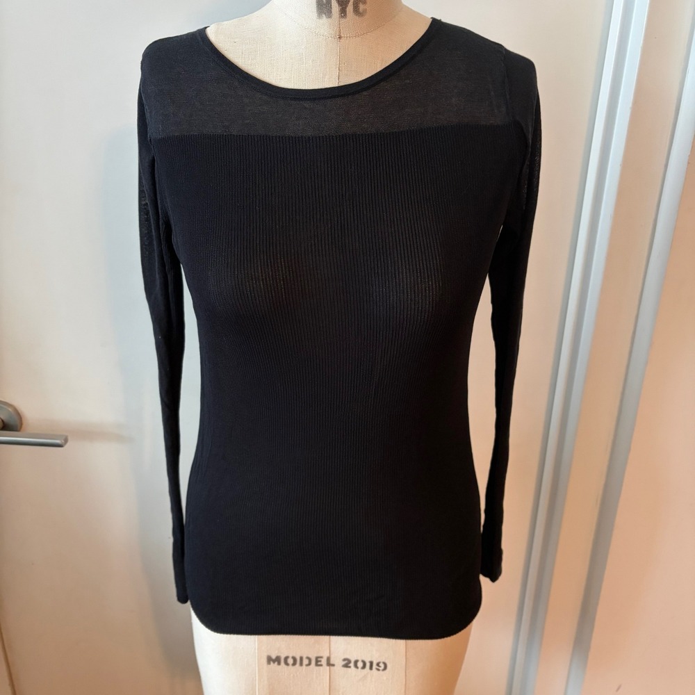 THEORY Black Ribbed Knit Minimalist Sheer Mesh Yoke Long Sleeve Top Size Small
